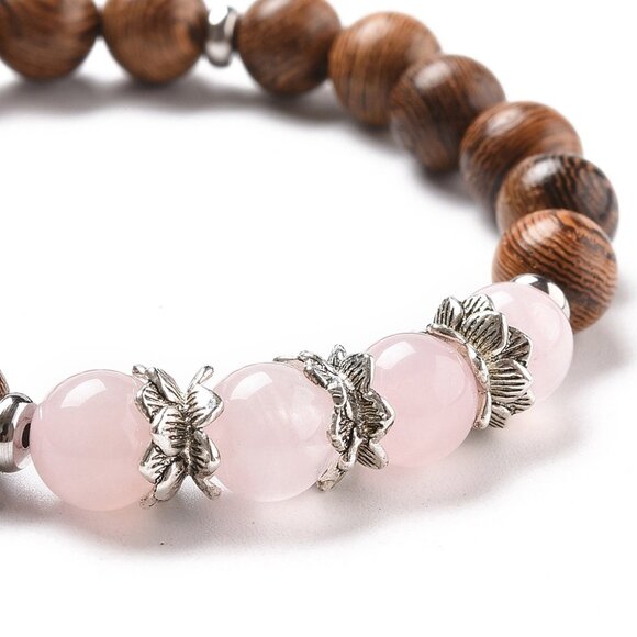 NWOT Natural Rose Quartz Gemstones and wooden Beaded Stretch bracelet 2/$10 - Picture 4 of 4